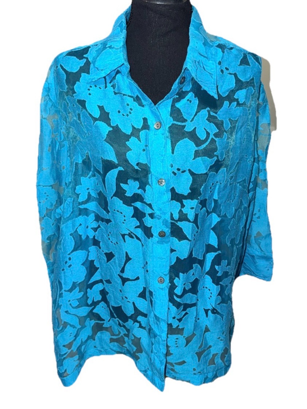 Mirasol Aqua Blue Burnout Spring Flower Button Up Sheer 3/4 Sleeve Top Sz XL